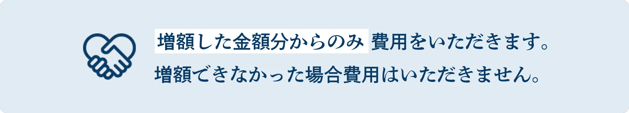 増額した金額分からのみ費用をいただきます。増額できなかった場合費用はいただきません。増額前の立退き料 増額した額に合わせて料金を算定 増額後の立退き料 増額分